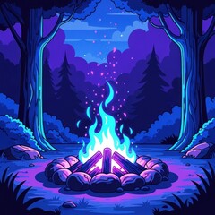 Stylized campfire scene at night in a forest with trees, glowing embers, and a colorful ambiance
