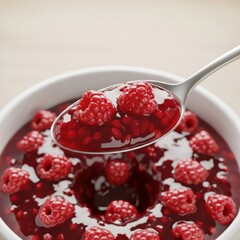 Spoon scoops up glistening raspberry sauce with fresh berries from a white bowl