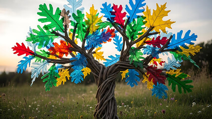 Colorful decorative tree with multicolored leaves and twisted trunk