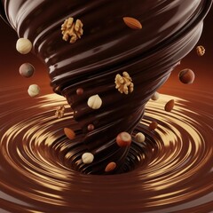 Swirling, photorealistic chocolate tornado with nuts falling through. Close-up. Glossy and rich