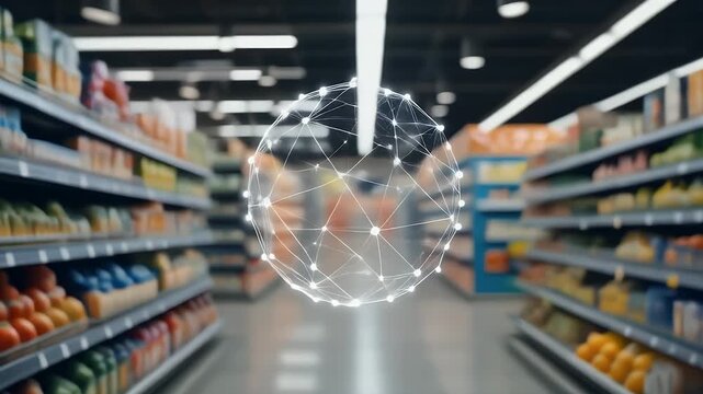 Abstract Digital Network Sphere Levitates Above Grocery Store Aisles Filled With Products