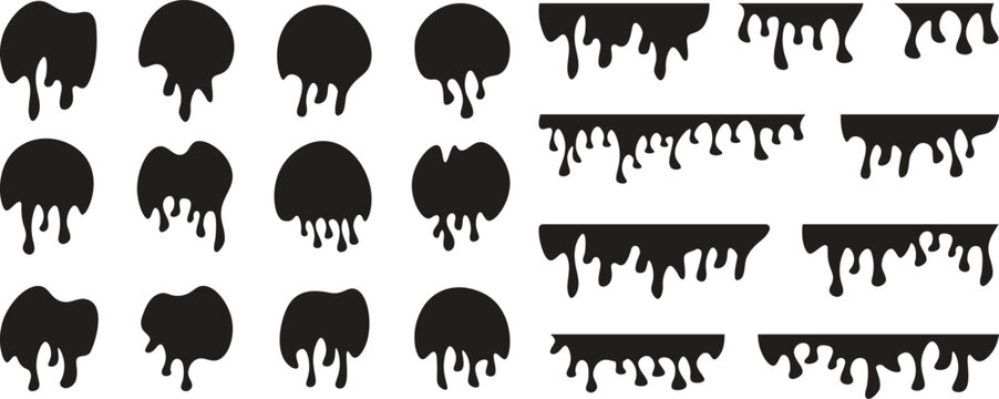 Ink drip and blob paint, splatter and splash set. Black dripping ink. ink seamless pattern. Liquids dripping paint drop. Various dripping black paint