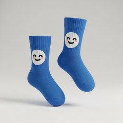 Two blue socks with smiley faces, floating in the air against a neutral background