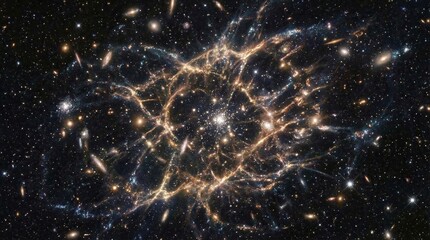 Cosmic web structure of the universe, cosmic web visualization with galaxies and stars, cosmic web background for astronomy and space science concept, Conceptual universe imagery for documentaries  