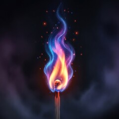 Vibrant illustration of a match ignited with colorful, swirling flames and scattered sparks