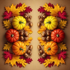 Symmetric autumn arrangement of colorful leaves, pumpkins, and acorns on textured surface