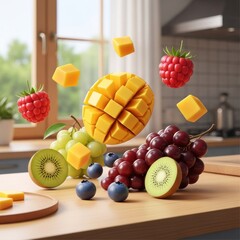 Vibrant still life featuring a sliced mango and assorted fruits suspended in a kitchen
