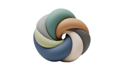 A multicolored spiral sculpture with smooth curved shapes in various shades of blue green brown gray and white is set against a solid black background