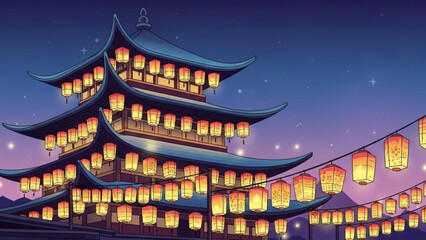 A vibrant illustration of a pagoda tower adorned with numerous lanterns at dusk