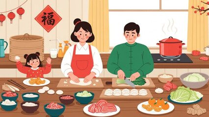 A cartoon family of three preparing a meal together in a kitchen with various dishes and ingredients on the table