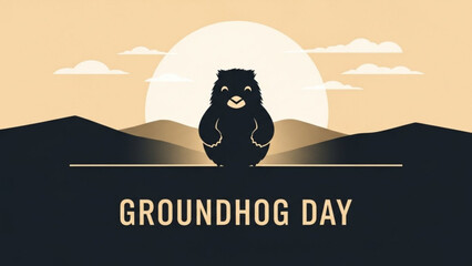 A vector graphic illustration of a groundhog in a minimalist landscape design for Groundhog Day