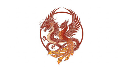 A vibrant dragon illustration in red and orange hues, symbolizing power and strength in a circular design