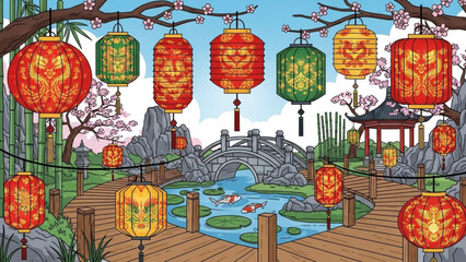 A serene and vibrant vector illustration of a Chinese garden with colorful lanterns and a wooden bridge