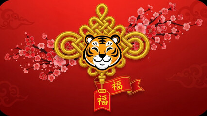 A vibrant illustration of a tiger's head surrounded by cherry blossoms and golden accents on a red background, symbolizing good fortune and prosperity.