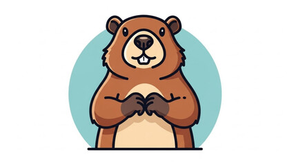 A cute cartoon beaver standing on its hind legs with its front paws together in a friendly gesture.