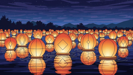A serene and peaceful vector illustration of glowing lanterns floating on water at dusk