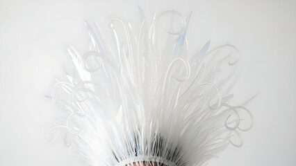 Elegant white feathered headdress with intricate curls for fashion or costume design