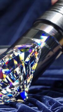 diamond being examined with a gemological instrument, highlighting light interplay and showcasing the stone's brilliance against a rich blue velvet background