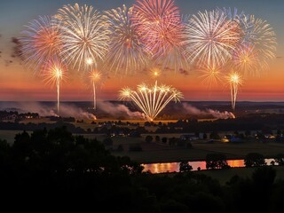 Spectacular Fireworks Exploding Over a Serene Landscape at Dusk, Illuminating a Charming Town and River