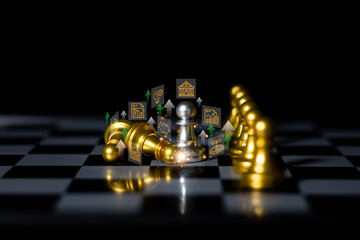 Financial and planning strategist. golden chess piece stands out among graph, target, gear and bank icons, symbolizing management success, strategy risk control business financial world. © Viriyastock88