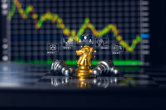 The golden chess king leads the silver chess pieces on the chessboard, business, success, competition,Teamwork and leadership concept. - Powered by Adobe