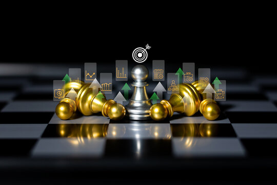 Financial and planning strategist. golden chess piece stands out among graph, target, gear and bank icons, symbolizing management success, strategy risk control business financial world. - Powered by Adobe
