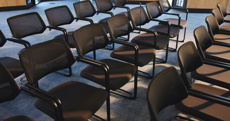 Chairs, seminar and empty room for business convention, forum and event or meeting venue....