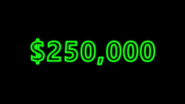 Animation of a neon green dollar counter worth 500,000 dollars, timer display with decimal point.