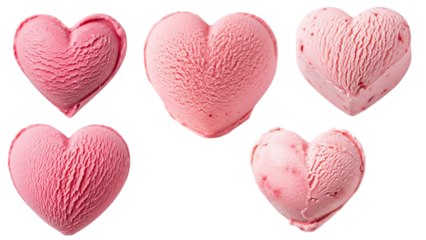 Five Heart Shaped Strawberry Ice Cream Scoops, Valentine’s Day Dessert Stock Image