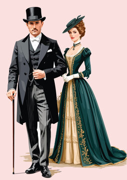 059-26-Elegant victorian era couple standing in formal evening wear on a pink background