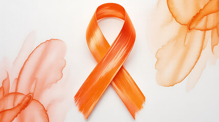 Watercolor orange ribbon for awareness with splashes on transparent background