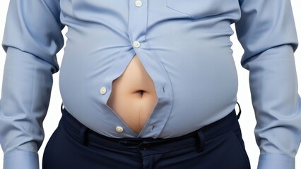 Unbuttoned Overweight man in tight shirt showing belly on plain background.