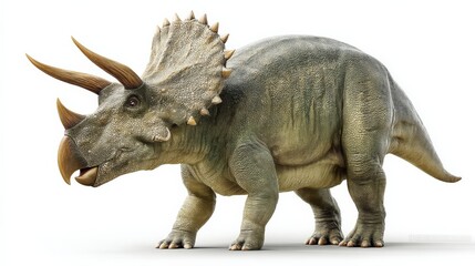 Fototapeta premium Large triceratops dinosaur standing in profile, showcasing its impressive horns and textured skin, perfect for educational and creative projects