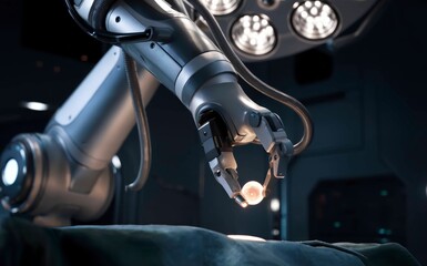 Fototapeta premium A robotic arm delicately holds a small object in an advanced surgical setting, showcasing technology in medical procedures.