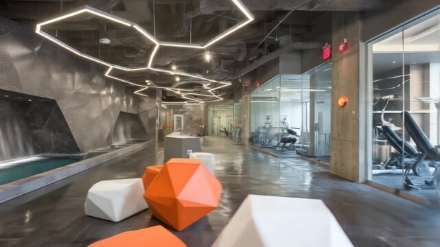 Contemporary interior with geometric lighting, water feature, exercise equipment, and modern seating