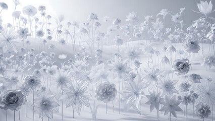 Monochrome illustration of various flowers in a field