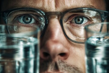 Close-up of a focused man with glasses examining two glasses of clear water, highlighting the importance of hydration and healthy living in a modern lifestyle