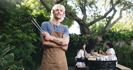 Barbecue, lunch and portrait of man outdoor for cooking, social reunion and celebration event. Party, bbq grill and summer vacation with people in nature for cookout, weekend and holiday together