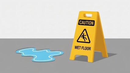 Caution Wet Floor Yellow Safety Sign Near Water Puddle on Gray Floor.