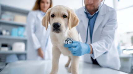 Veterinarian in white coat examines puppy with stethoscope, showcasing professional care in a bright veterinary clinic environment