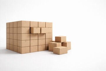 Structured grid of cardboard boxes with a few displaced units indicating overload, concept of capacity limit and data overflow, white background, soft lighting, copy space