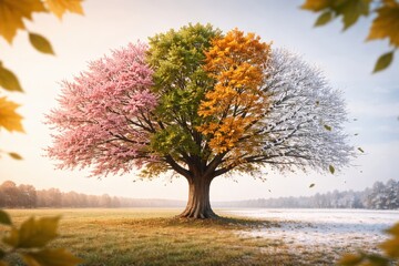 A four season tree showcasing seasonal change with vibrant blossoms, lush green leaves, and golden autumn foliage against a serene landscape