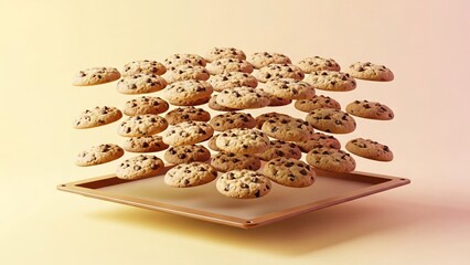 Delicious chocolate chip cookies floating above baking tray