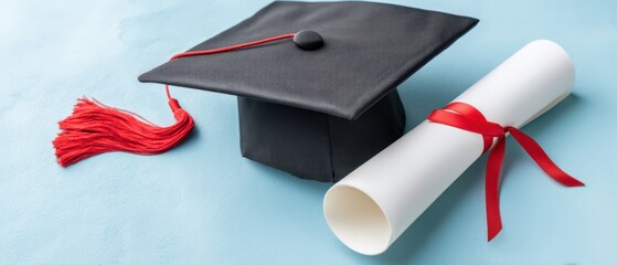 Graduation cap in black fabric with long red tassel and diploma rolled with red ribbon, symbolizing academic achievement and celebration of education