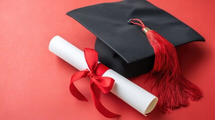 Graduation cap in black fabric with long red tassel and diploma scroll on vibrant red background, symbolizing academic achievement and celebration