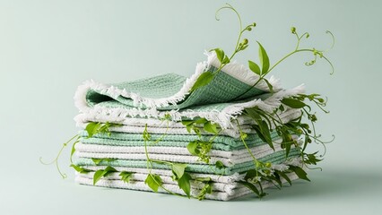 Stack of green and white towels with fresh green leaves
