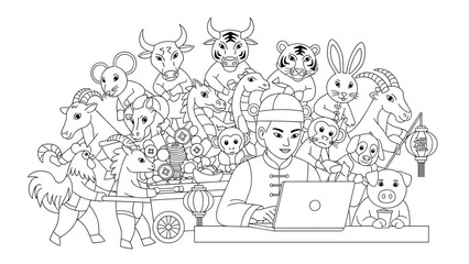 Man working on laptop surrounded by Chinese zodiac animals, Generative AI.
