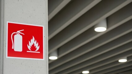 Fire Safety Extinguisher Symbol on Grey Pillar with Urban Setting.