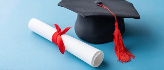Graduation cap with red tassel placed beside rolled diploma tied with red ribbon on a blue background, symbolizing academic achievement and celebration