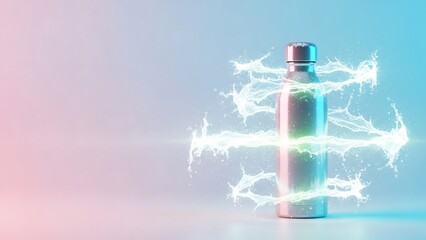 Iridescent water bottle with dynamic splash effect on pastel background